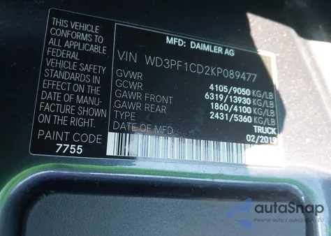 2019 Mercedes-Benz Sprinter 2500 High Roof V6 from USA, damaged, VIN WD3PF1CD2KP089477